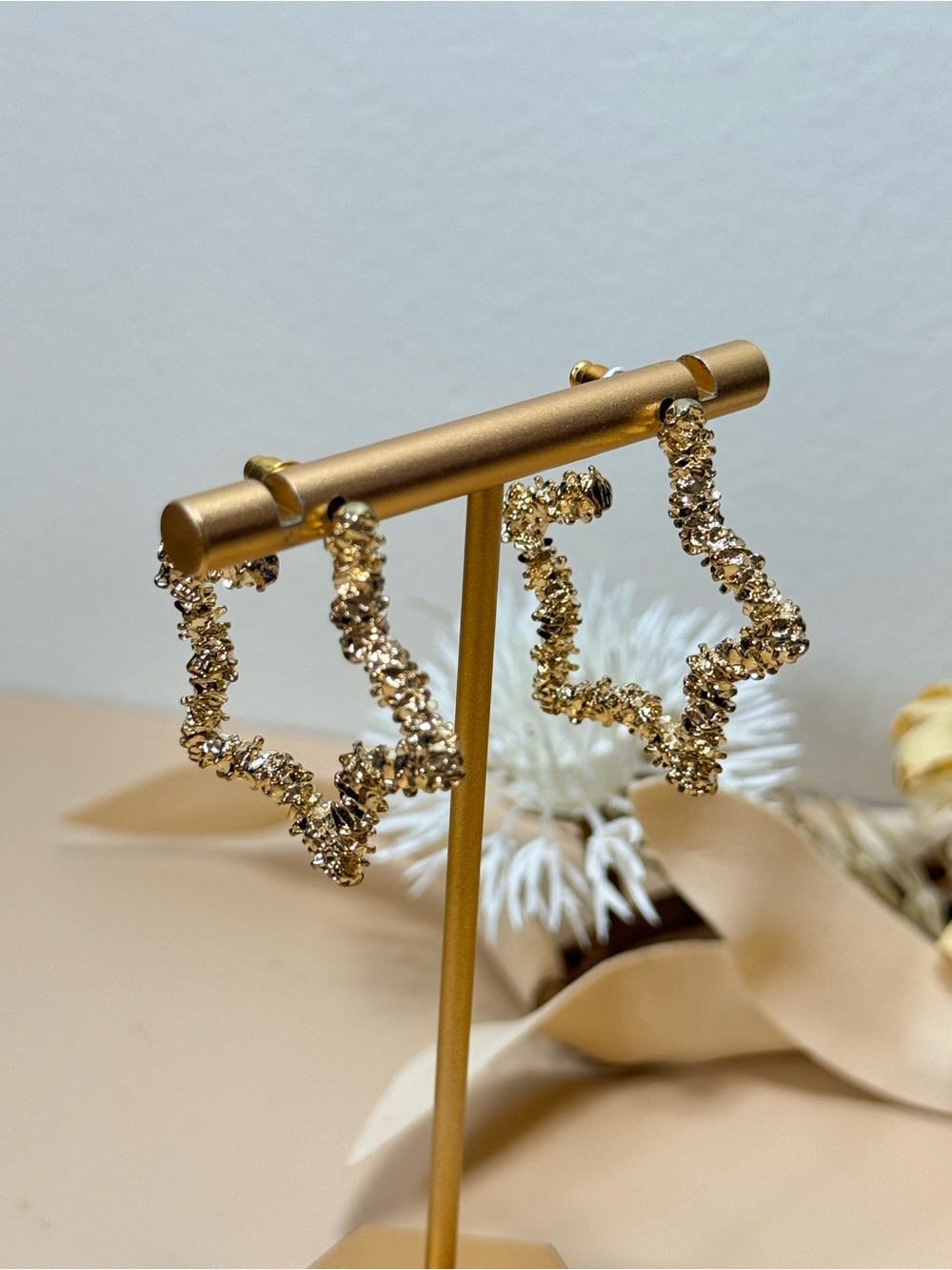 Gold Tone Textured Star Outline Statement Post Earrings